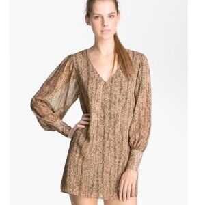 Rory Beca Snakeskin Georgette Silk Shift Dress Long Sleeve V-Neck Cocktail Small